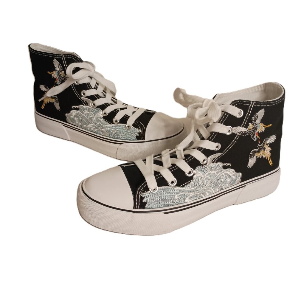 High Top Sneakers Black Embroidered Bird Women’s Size 7 NWT